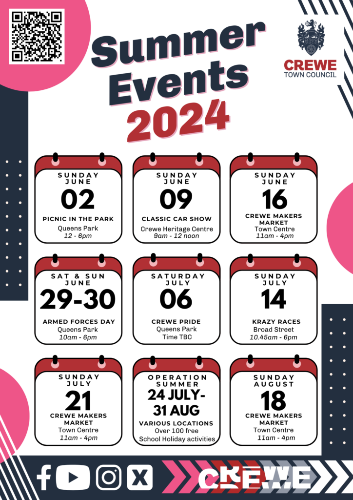 A graphic listing the upcoming events in Crewe during summer 2024