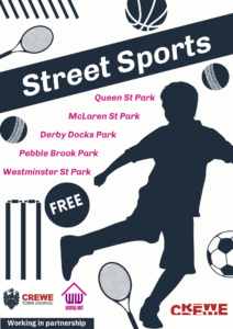 A flyer image showing a young person kicking a ball with various sports equipment and balls in the background. There is a list of participating parks and the Crewe Town Council and Wishing Well logos.