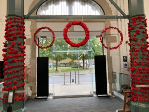 Market Hall decorated with crocheted and knitted poppies
