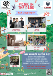 Picnic in the Park flyer back cover with images of the bands and details of the shuttle bus to and from the event